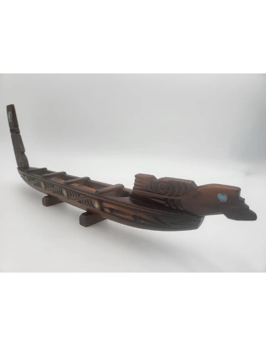 Hand Carved Maori Waka War Canoe Replica w/Stand from New Zealand